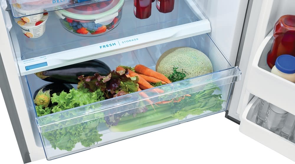 Frigidaire 28 Inch Top Freezer Refrigerator with 13.9 Cu. Ft. Capacity, Adjustable Glass Shelves, Humidity-Controlled Crispers, Half-width Deli Drawer, LED Lighting, EvenTemp® Cooling System, ADA Compliant, and ENERGY STAR Certified: Black